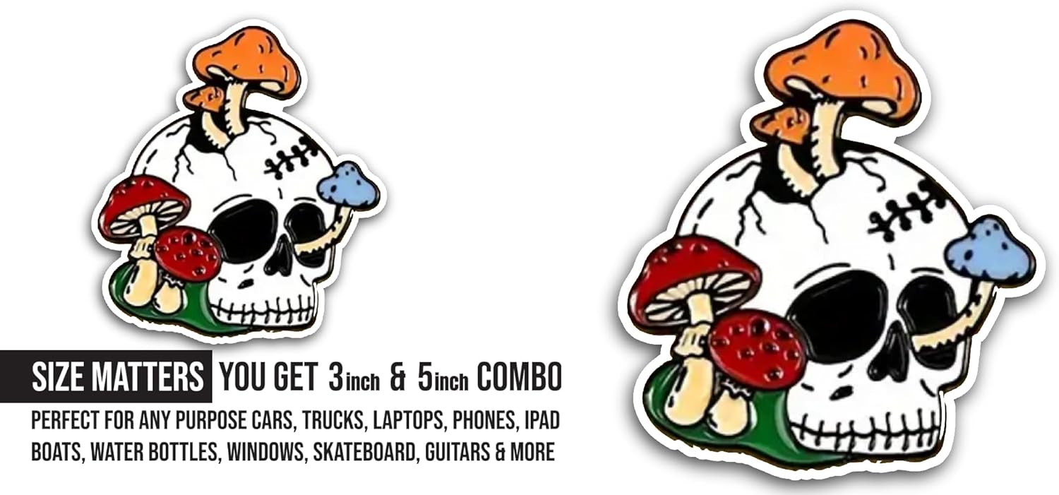 2 (Pieces) 3" and 5" Skull with Mushrooms Sticker, Waterproof Vinyl Decals for Many Purpose Like Cars, Trucks, Laptops, Phones, Windows and More