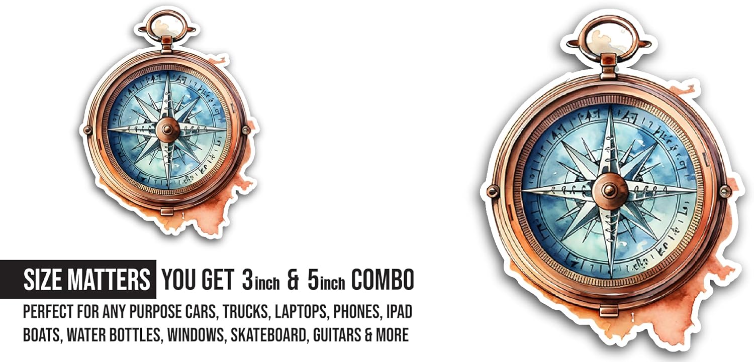 2 (Pieces) 3" and 5" Compass with A Blue Face Sticker, Waterproof Vinyl Decals for Many Purpose Like Cars, Trucks, Laptops, Phones, Windows and More