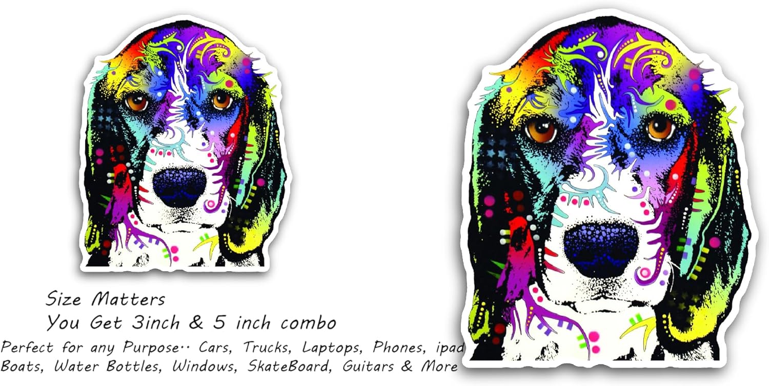 2 (Pieces) 3" and 5" Colorful Hound Dog Breed Sticker, Waterproof Vinyl Decals for Many Purpose Like Cars, Trucks, Laptops, Phones, Windows and More