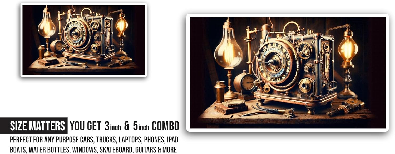 2 (Pieces) 3" and 5" Steampunk Machine Sticker, Waterproof Vinyl Decals for Many Purpose Like Cars, Trucks, Laptops, Phones, Windows and More