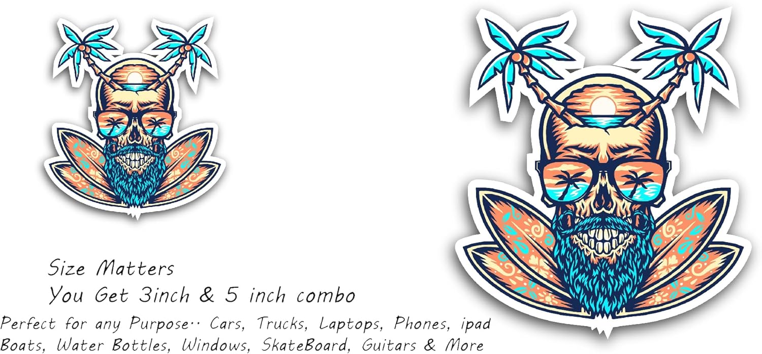 2 (Pieces) 3" and 5" Skull Summer Beach Sticker, Quality Waterproof Vinyl Decals for Many Purpose Like Cars, Trucks, Laptops, Phones, Windows and More