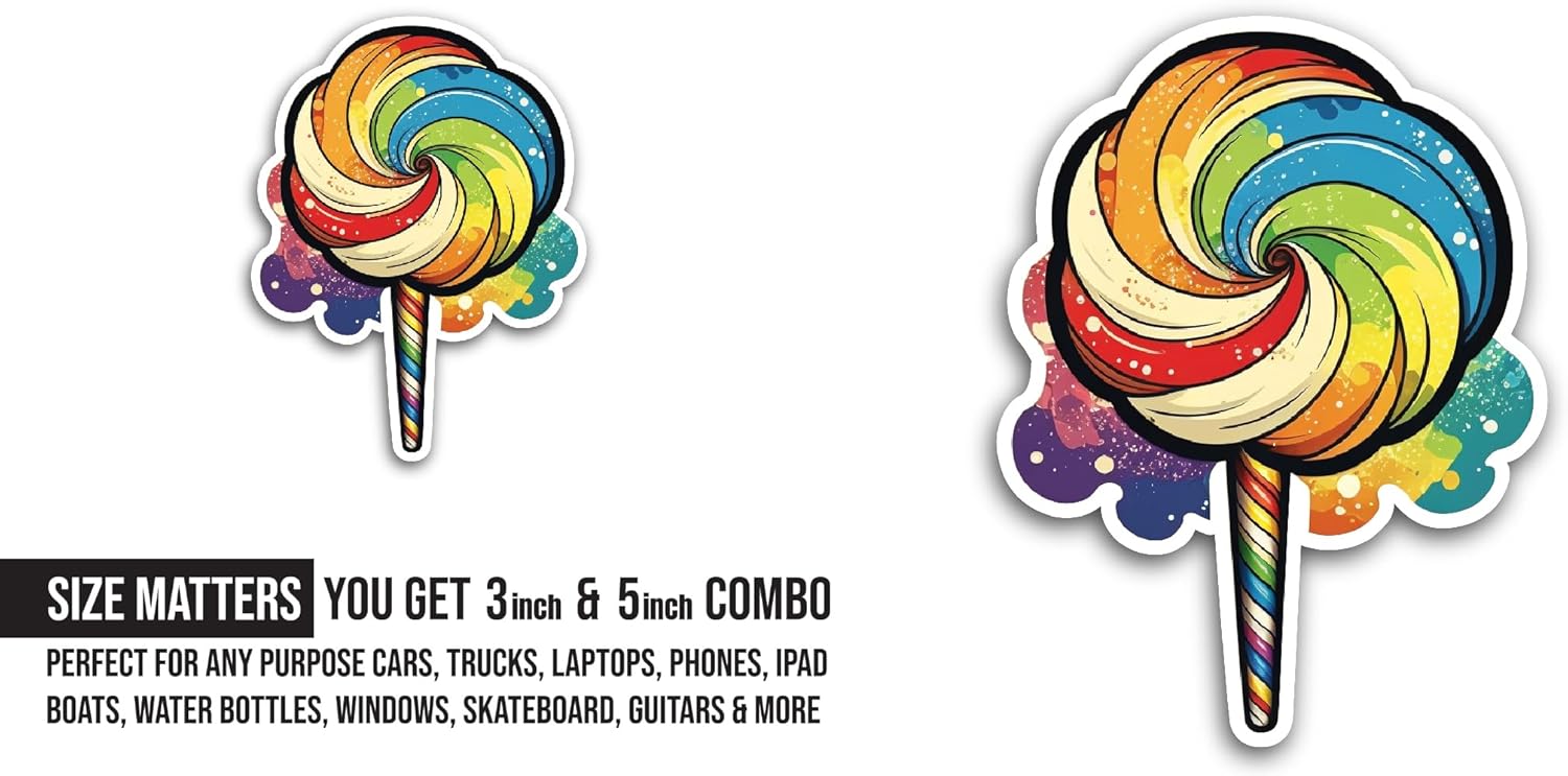 2 (Pieces) 3" and 5" Candy Lollipop Sticker, Waterproof Vinyl Decals for Many Purpose Like Cars, Trucks, Laptops, Phones, Windows and More