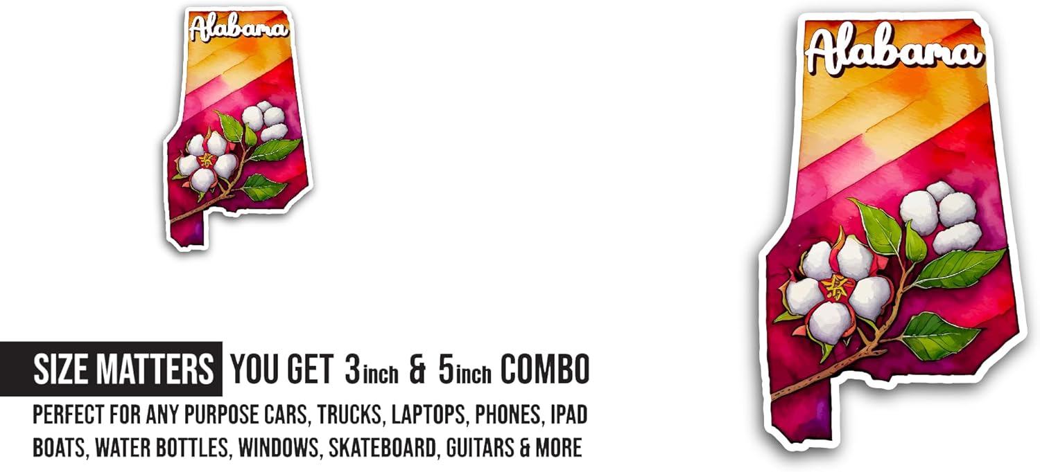 2 (Pieces) 3" and 5" Alabama Text Sticker, Waterproof Vinyl Decals for Many Purpose Like Cars, Trucks, Laptops, Phones, Windows and More