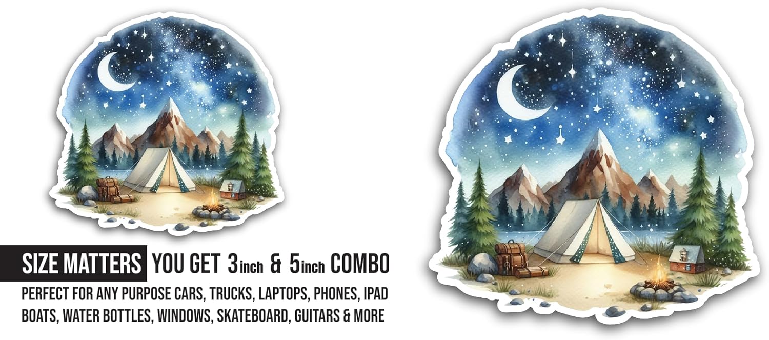 2 (Pieces) 3" and 5" Campsite at Night Sticker, Waterproof Vinyl Decals for Many Purpose Like Cars, Trucks, Laptops, Phones, Windows and More