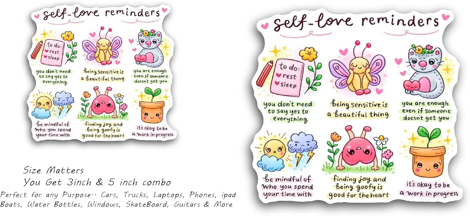 2 (Pieces) 3" and 5" Self Love Text Sticker, Waterproof Vinyl Decals for Many Purpose Like Cars, Trucks, Laptops, Phones, Windows and More