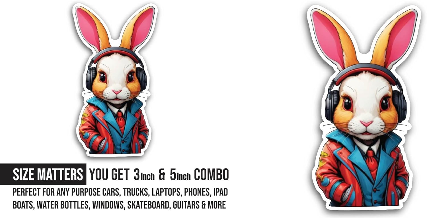 2 (Pieces) 3" and 5" Rabbit in A Jacket and Headphones Sticker, Waterproof Vinyl Decals for Many Purpose Like Cars, Trucks, Laptops, Phones, Windows and More
