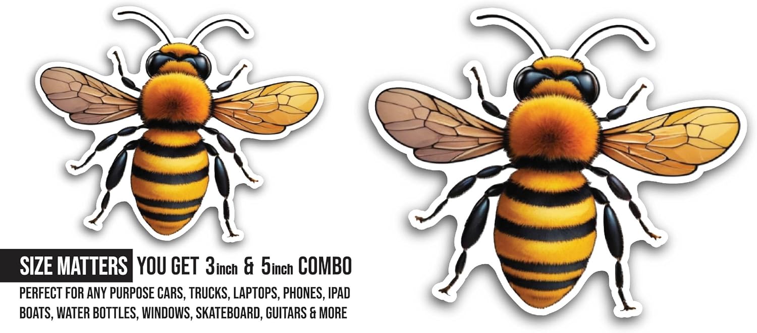 2 (Pieces) 3" and 5" Close Up of A Bee Sticker, Waterproof Vinyl Decals for Many Purpose Like Cars, Trucks, Laptops, Phones, Windows and More