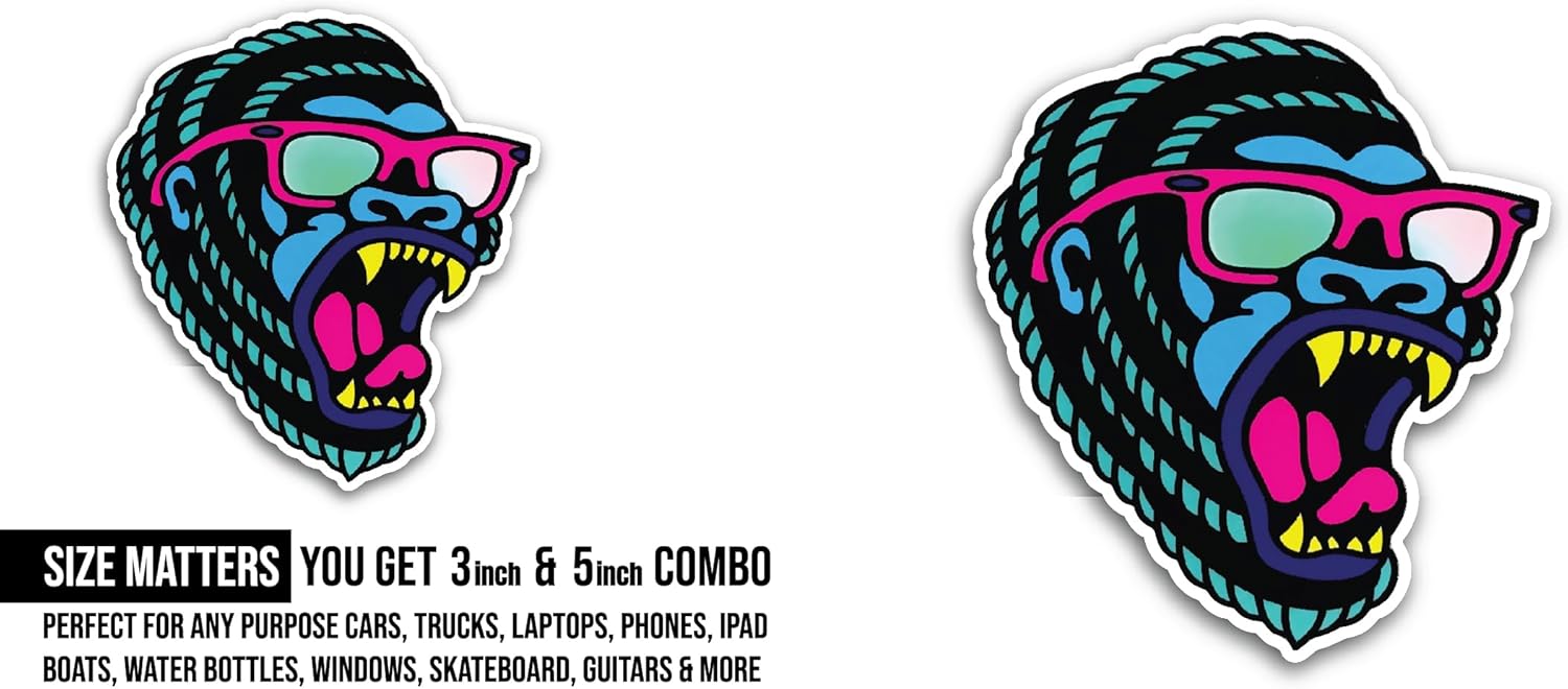 2 (Pieces) 3" and 5" Colorful Monkey Face Sticker, Waterproof Vinyl Decals for Many Purpose Like Cars, Trucks, Laptops, Phones, Windows and More