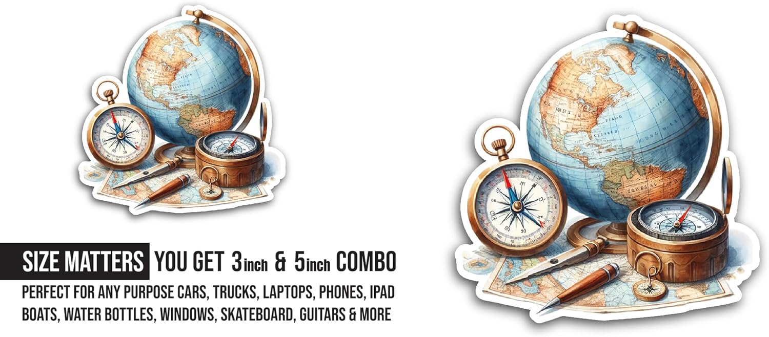 2 (Pieces) 3" and 5" Map and Compass Sticker, Waterproof Vinyl Decals for Many Purpose Like Cars, Trucks, Laptops, Phones, Windows and More