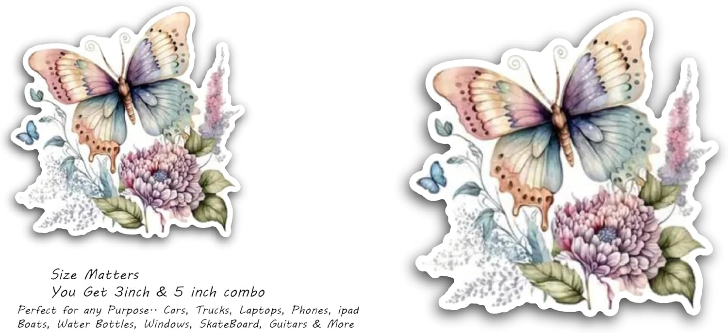 2 (Pieces) 3" and 5" Butterfly on a Flower Sticker, Waterproof Vinyl Decals for Many Purpose Like Cars, Trucks, Laptops, Phones, Windows and More