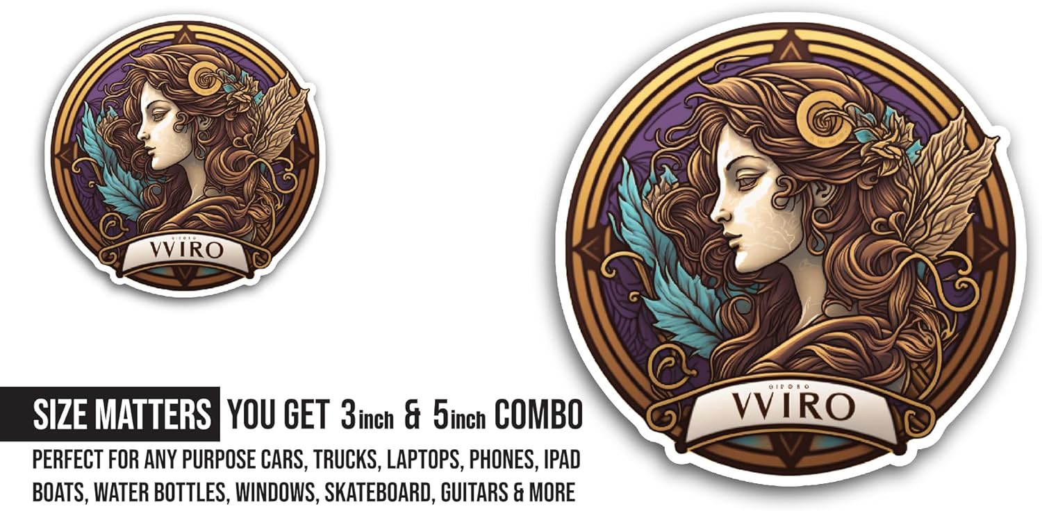 2 (Pieces) 3" and 5" Zodiac Sign Virgo Sticker, Waterproof Vinyl Decals for Many Purpose Like Cars, Trucks, Laptops, Phones, Windows and More
