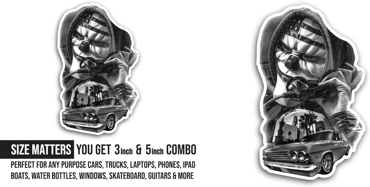 2 (Pieces) 3" and 5" Clown and Car Sticker, Waterproof Vinyl Decals for Many Purpose Like Cars, Trucks, Laptops, Phones, Windows and More
