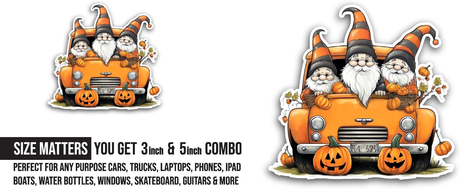 2 (Pieces) 3" and 5" Halloween Gnome Sticker, Waterproof Vinyl Decals for Many Purpose Like Cars, Trucks, Laptops, Phones, Windows and More