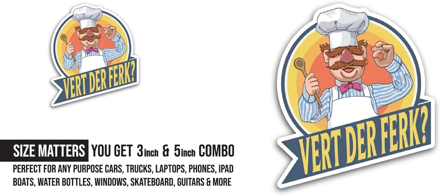 2 (Pieces) 3" and 5" Vert Der Ferk Chef Sticker, Waterproof Vinyl Decals for Many Purpose Like Cars, Trucks, Laptops, Phones, Windows and More