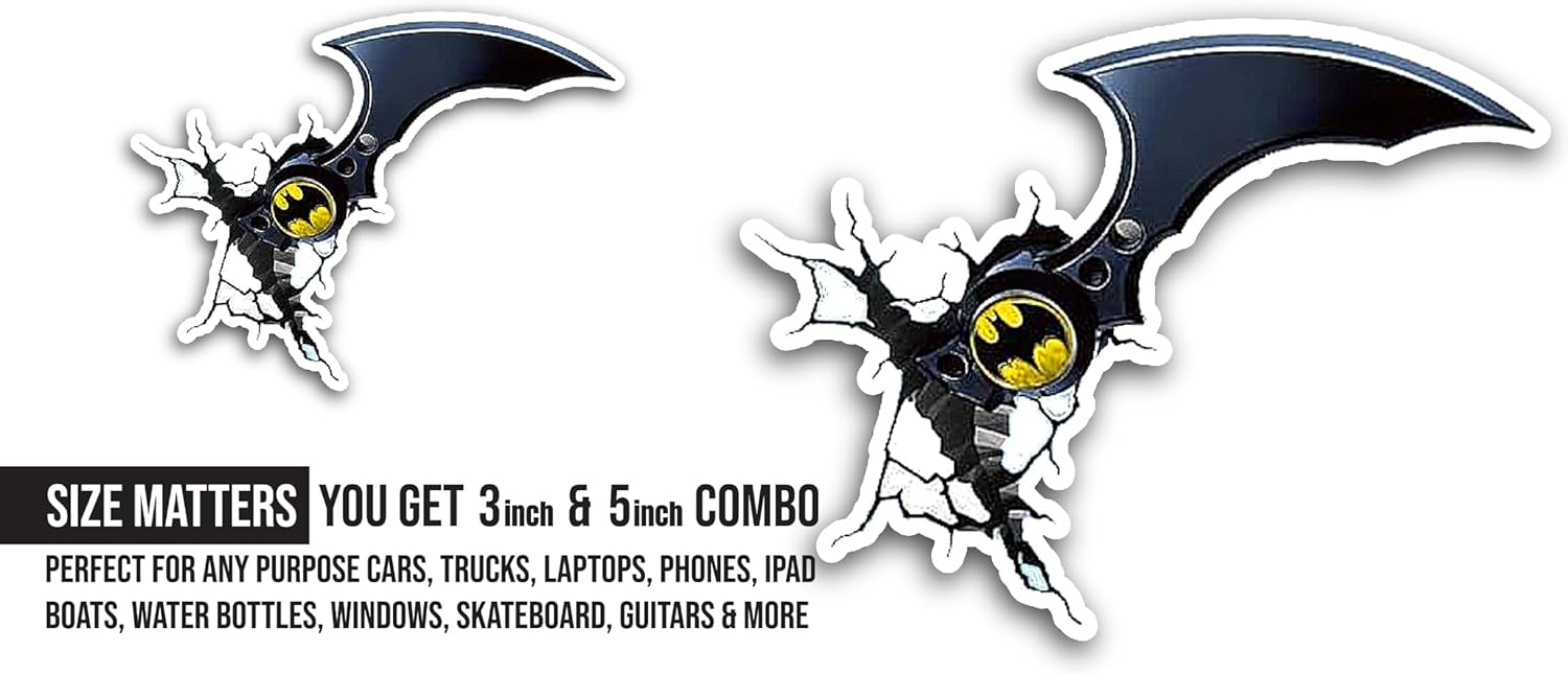 2 (Pieces) 3" and 5" Batarang Sticker, Waterproof Vinyl Decals for Many Purpose Like Cars, Trucks, Laptops, Phones, Windows and More