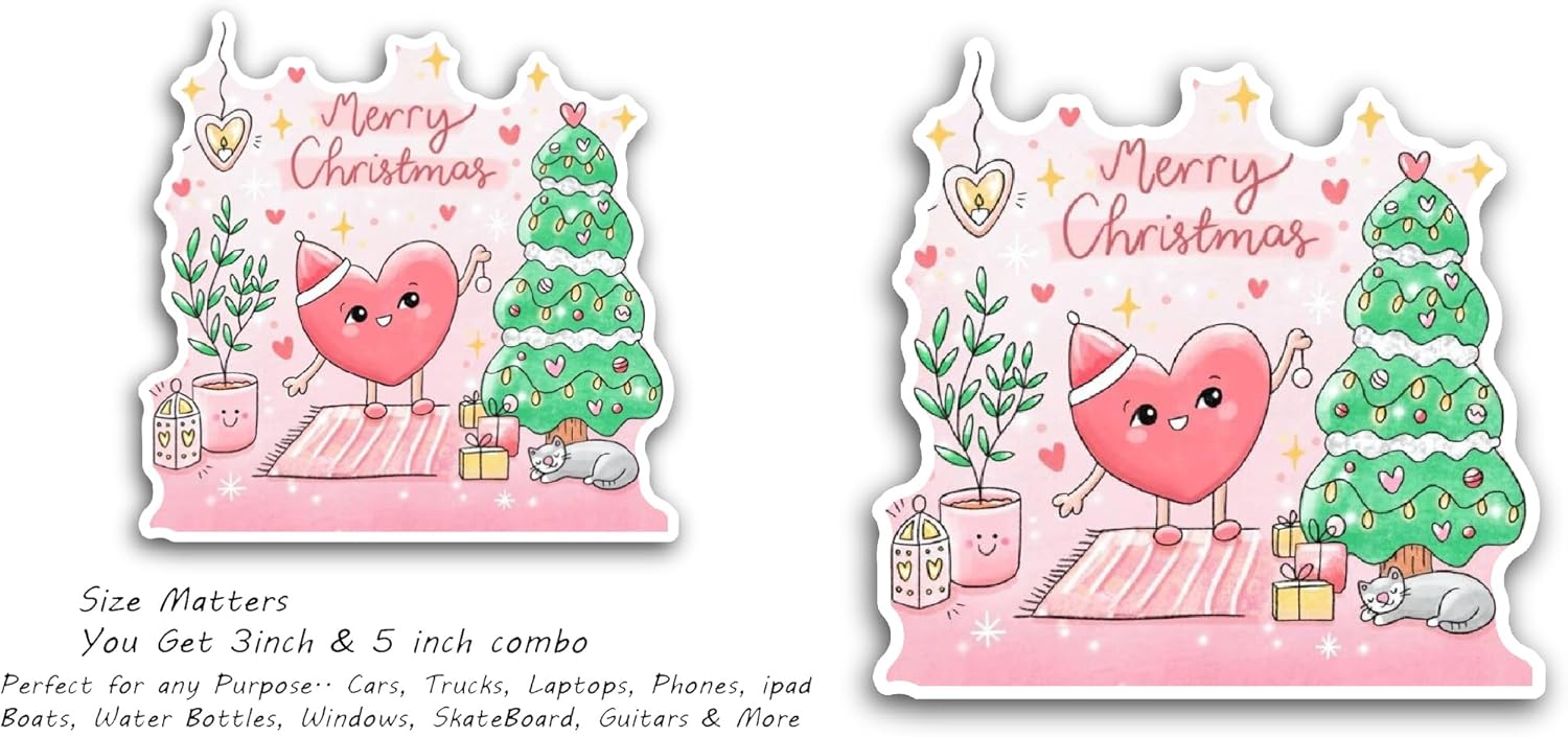 2 (Pieces) 3" and 5" Red Heart with Christmas Tree Sticker, Waterproof Vinyl Decals for Many Purpose Like Cars, Trucks, Laptops, Phones, Windows and More