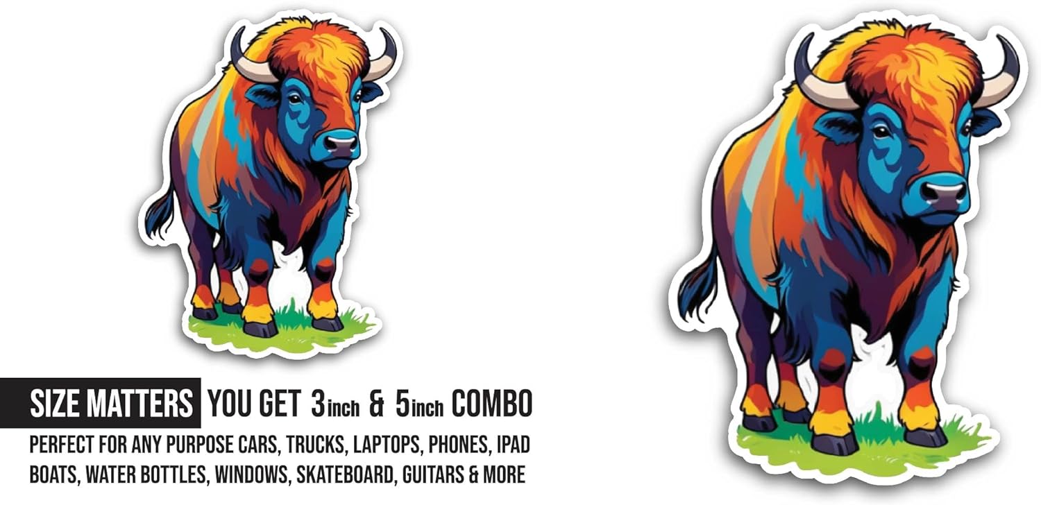2 (Pieces) 3" and 5" Colorful Bison Sticker, Waterproof Vinyl Decals for Many Purpose Like Cars, Trucks, Laptops, Phones, Windows and More