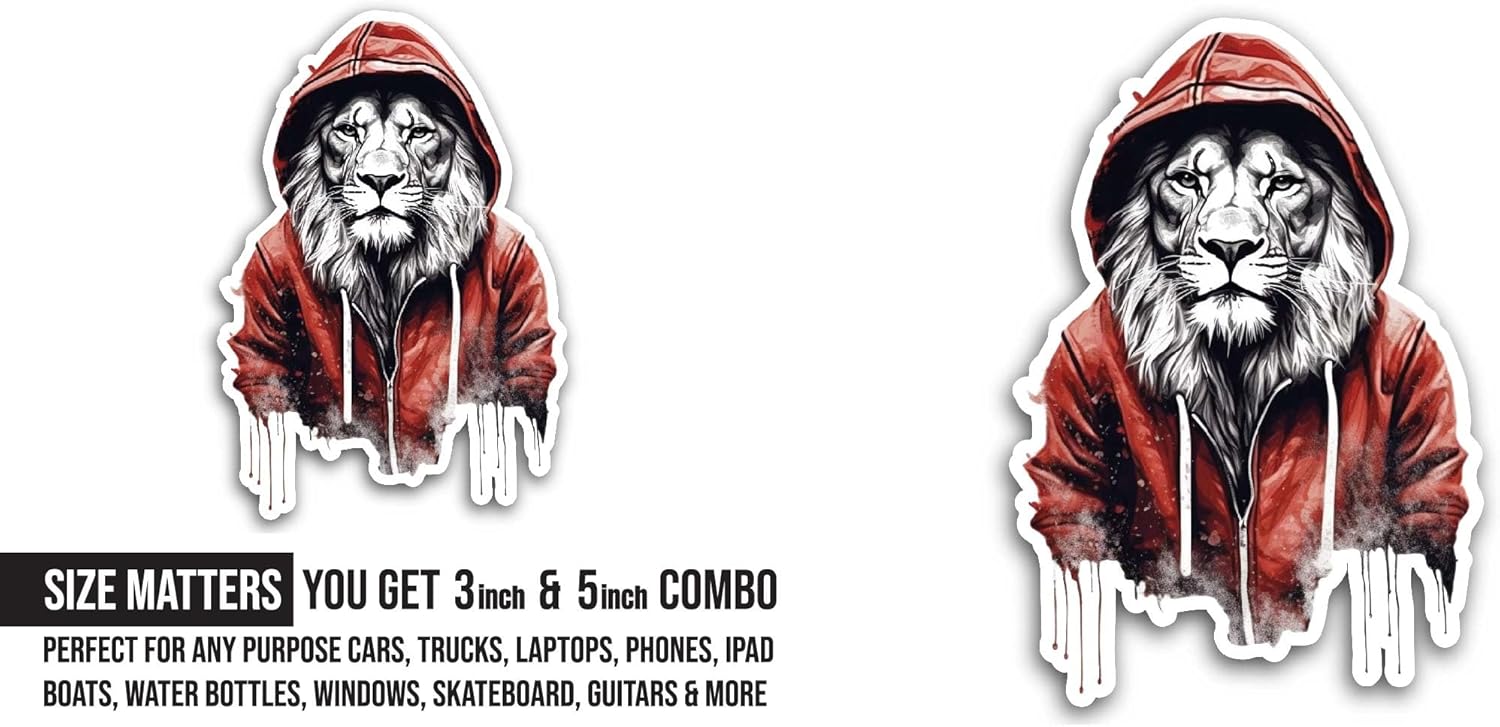 2 (Pieces) 3" and 5" Lion Wearing Hoodie Sticker, Waterproof Vinyl Decals for Many Purpose Like Cars, Trucks, Laptops, Phones, Windows and More