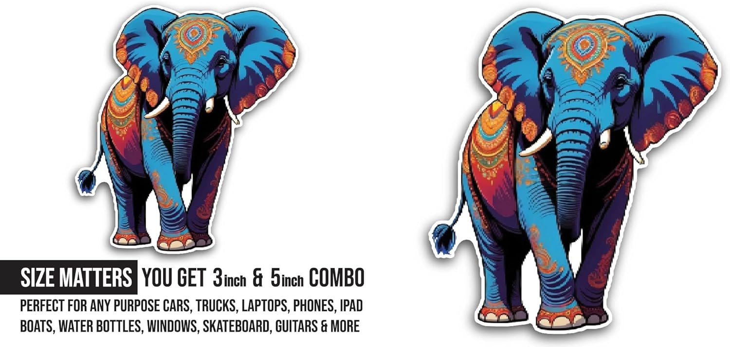 2 (Pieces) 3" and 5" Close Up of A Colorful Elephant Sticker, Waterproof Vinyl Decals for Many Purpose Like Cars, Trucks, Laptops, Phones, Windows and More