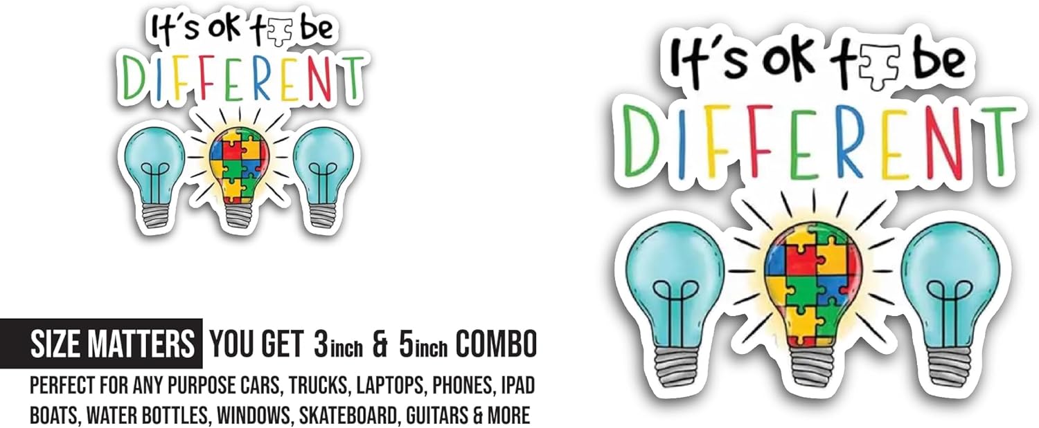 2 (Pieces) 3" and 5" Its Ok to Be Different Sticker, Waterproof Vinyl Decals for Many Purpose Like Cars, Trucks, Laptops, Phones, Windows and More