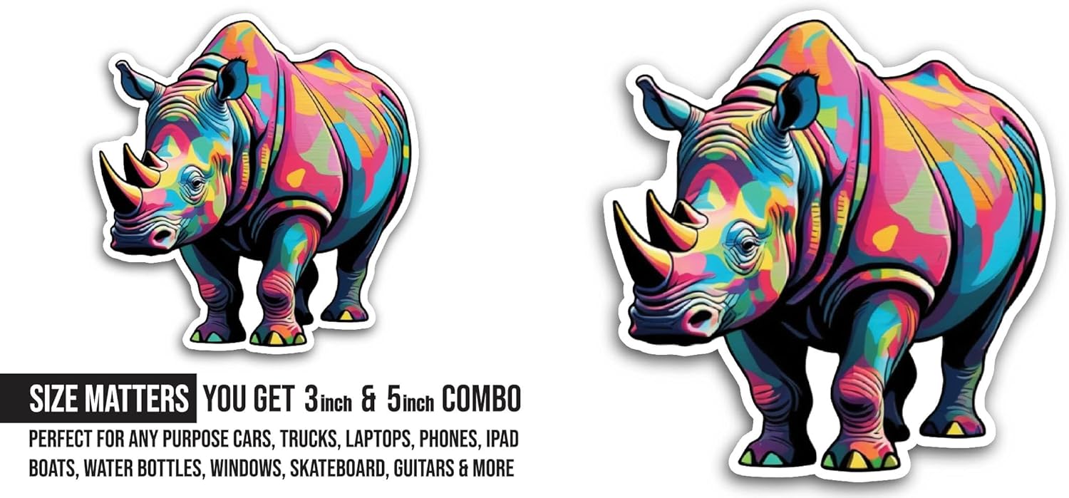 2 (Pieces) 3" and 5" Colorful Rhino Sticker, Waterproof Vinyl Decals for Many Purpose Like Cars, Trucks, Laptops, Phones, Windows and More