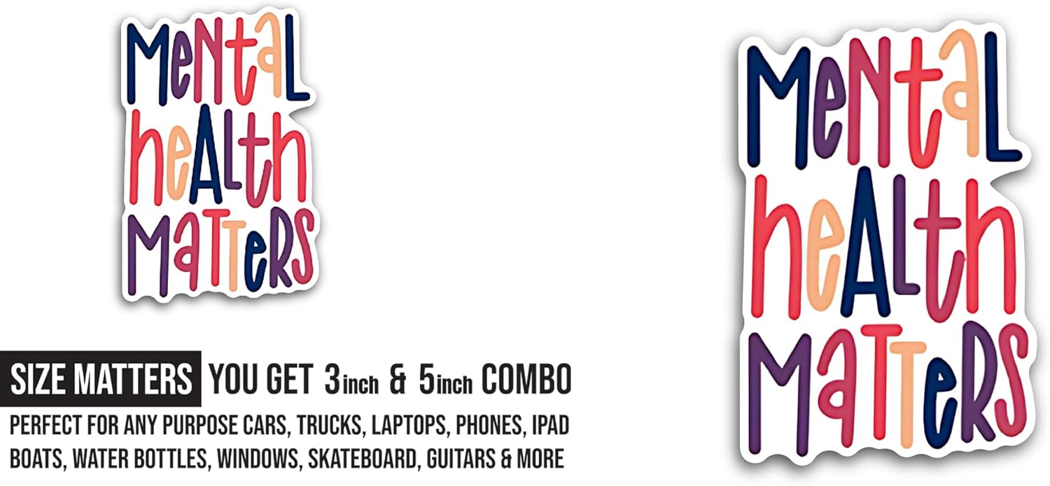 2 (Pieces) 3" and 5" Mental Health Matters Colorful Text Sticker, Waterproof Vinyl Decals for Many Purpose Like Cars, Trucks, Laptops, Phones, Windows and More