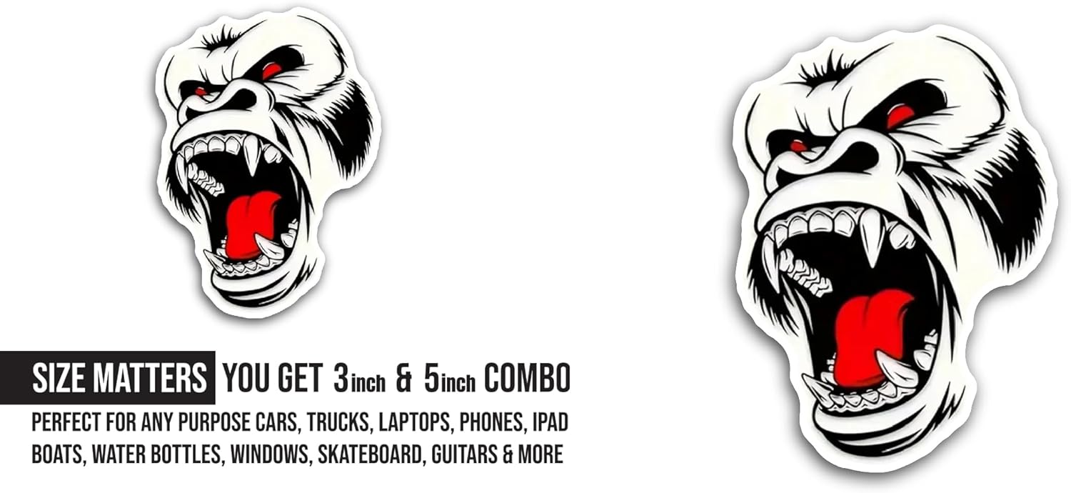 2 (Pieces) 3" and 5" Angry Gorilla Sticker, Waterproof Vinyl Decals for Many Purpose Like Cars, Trucks, Laptops, Phones, Windows and More