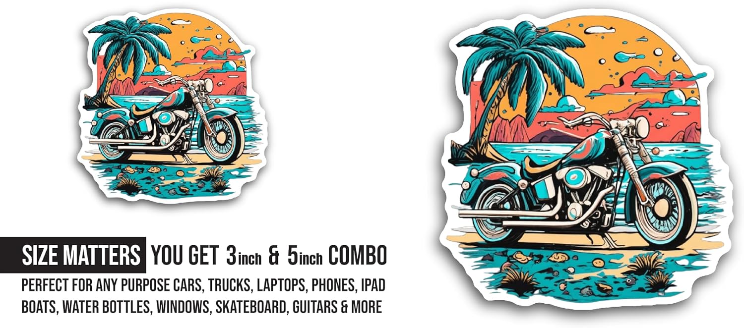 2 (Pieces) 3" and 5" Motorbike in Front of A Beach Sticker, Waterproof Vinyl Decals for Many Purpose Like Cars, Trucks, Laptops, Phones, Windows and More