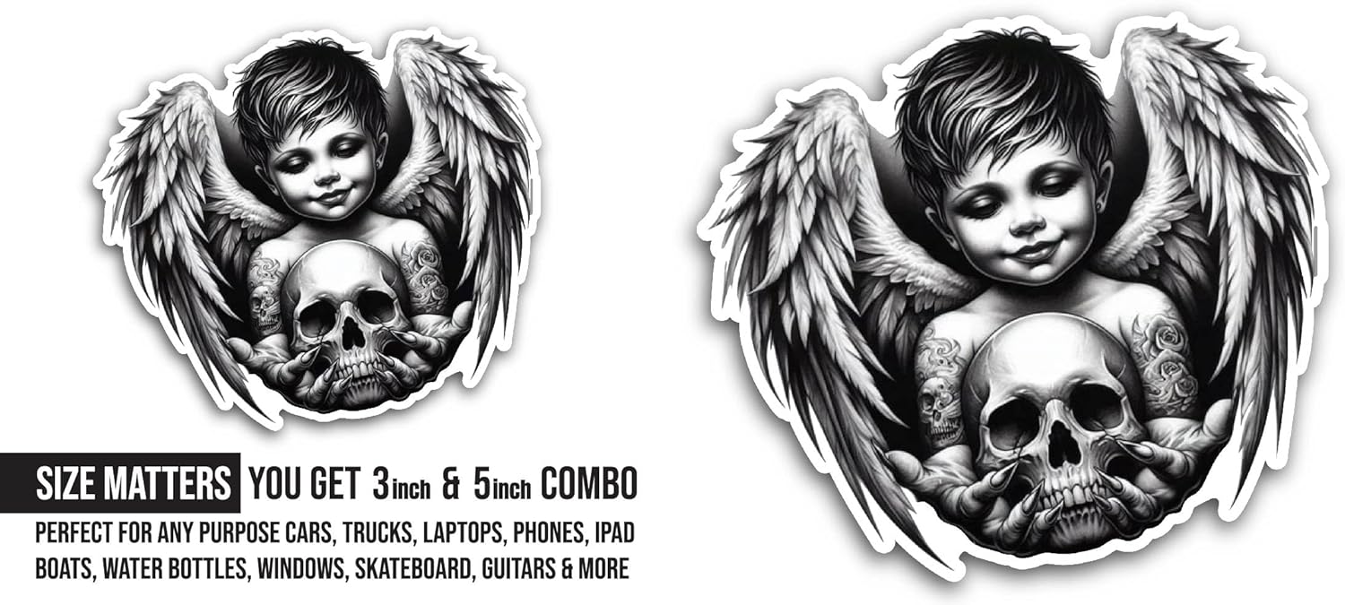 2 (Pieces) 3" and 5" Baby Angel with Skull Sticker, Waterproof Vinyl Decals for Many Purpose Like Cars, Trucks, Laptops, Phones, Windows and More