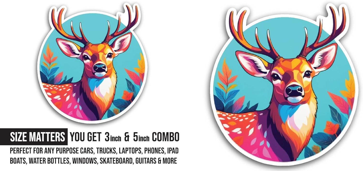 2 (Pieces) 3" and 5" Colorful Deer Sticker, Waterproof Vinyl Decals for Many Purpose Like Cars, Trucks, Laptops, Phones, Windows and More