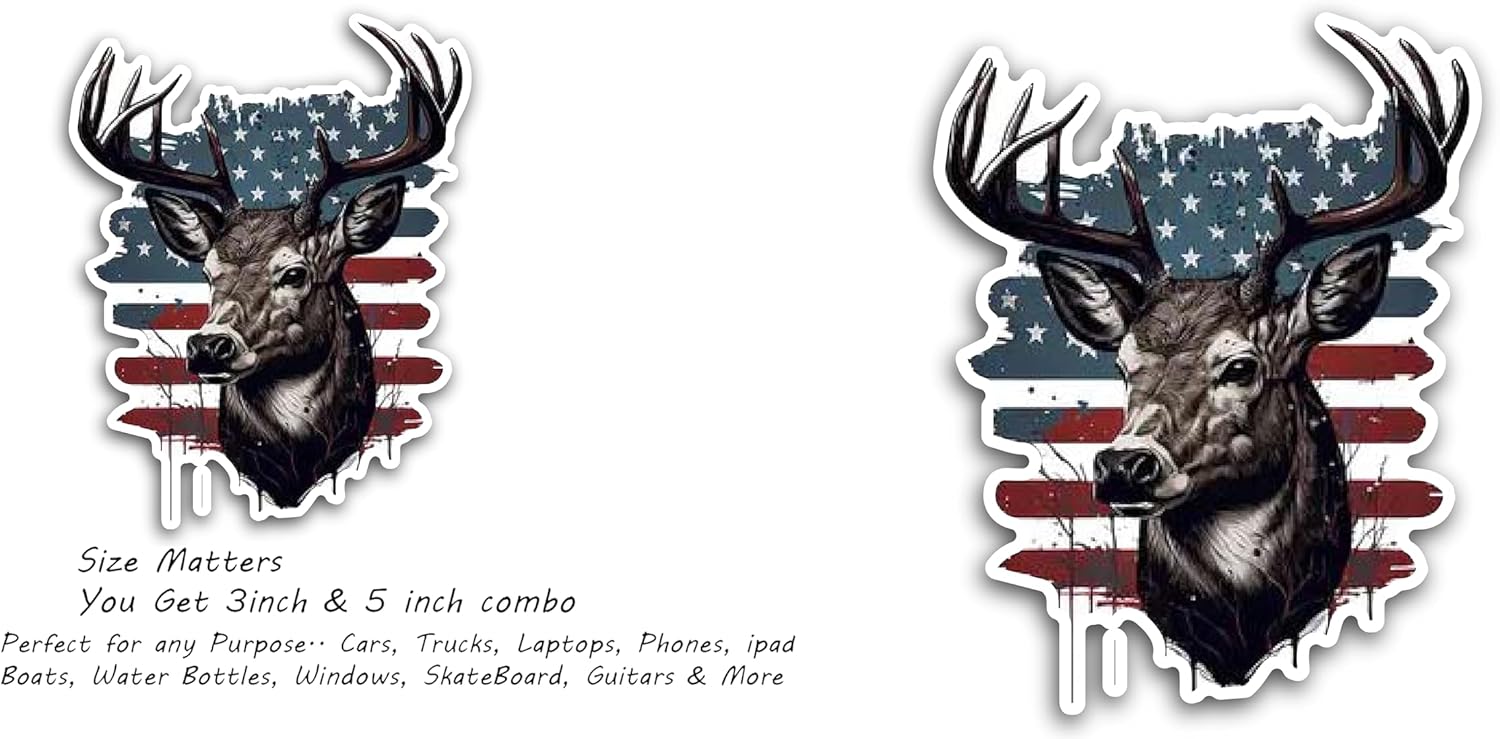 2 (Pieces) 3" and 5" Deer face with American Flag Background Decal Sticker, Waterproof Vinyl Decals for Many Purpose Like Cars, Trucks, Laptops, Phones, Windows and More