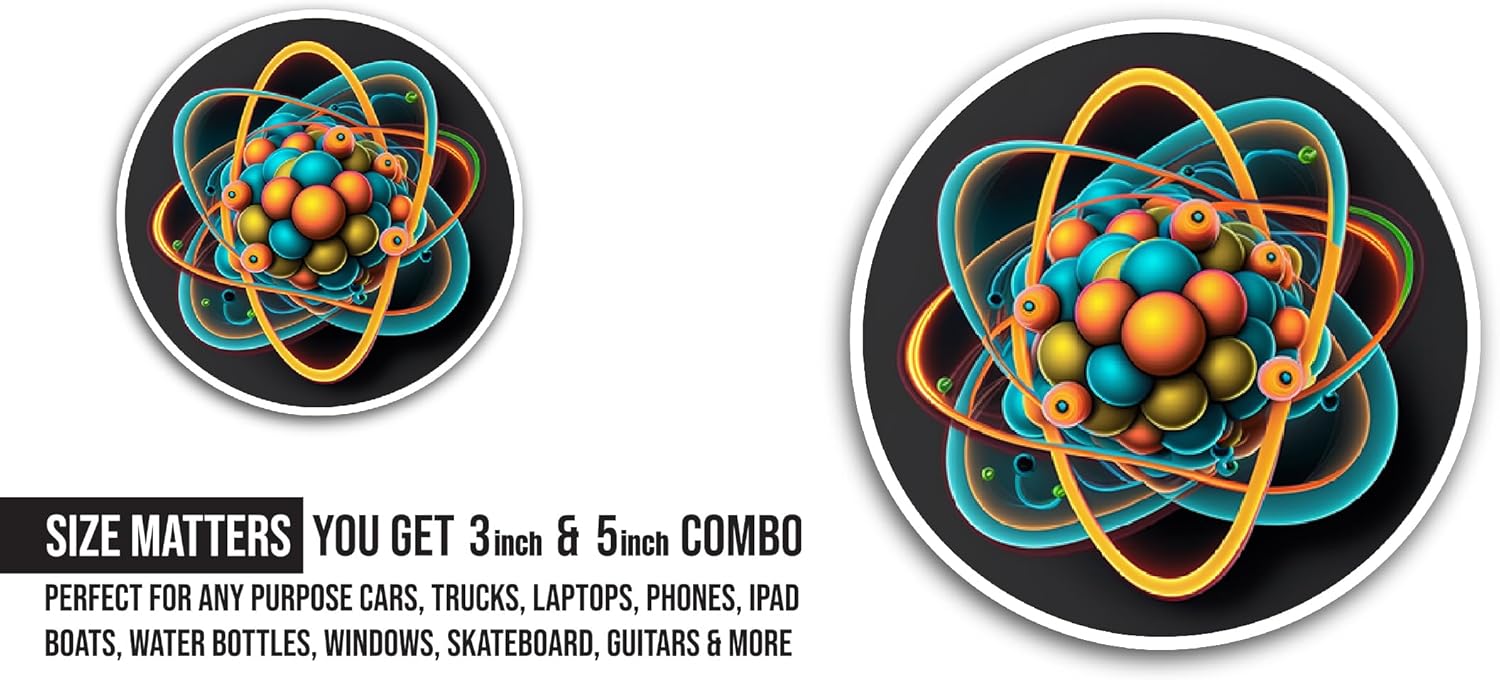 2 (Pieces) 3" and 5" Structure of an Atom Sticker, Waterproof Vinyl Decals for Many Purpose Like Cars, Trucks, Laptops, Phones, Windows and More