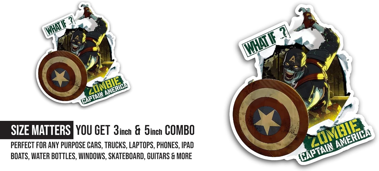 2 (Pieces) 3" and 5" Zombie Captain America Sticker, Waterproof Vinyl Decals for Many Purpose Like Cars, Trucks, Laptops, Phones, Windows and More