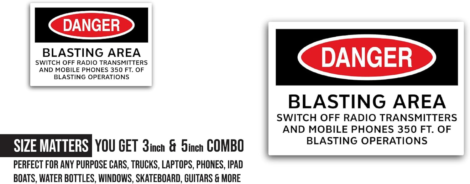 2 (Pieces) 3" and 5" Danger Blasting Area Sticker, Waterproof Vinyl Decals for Many Purpose Like Cars, Trucks, Laptops, Phones, Windows and More