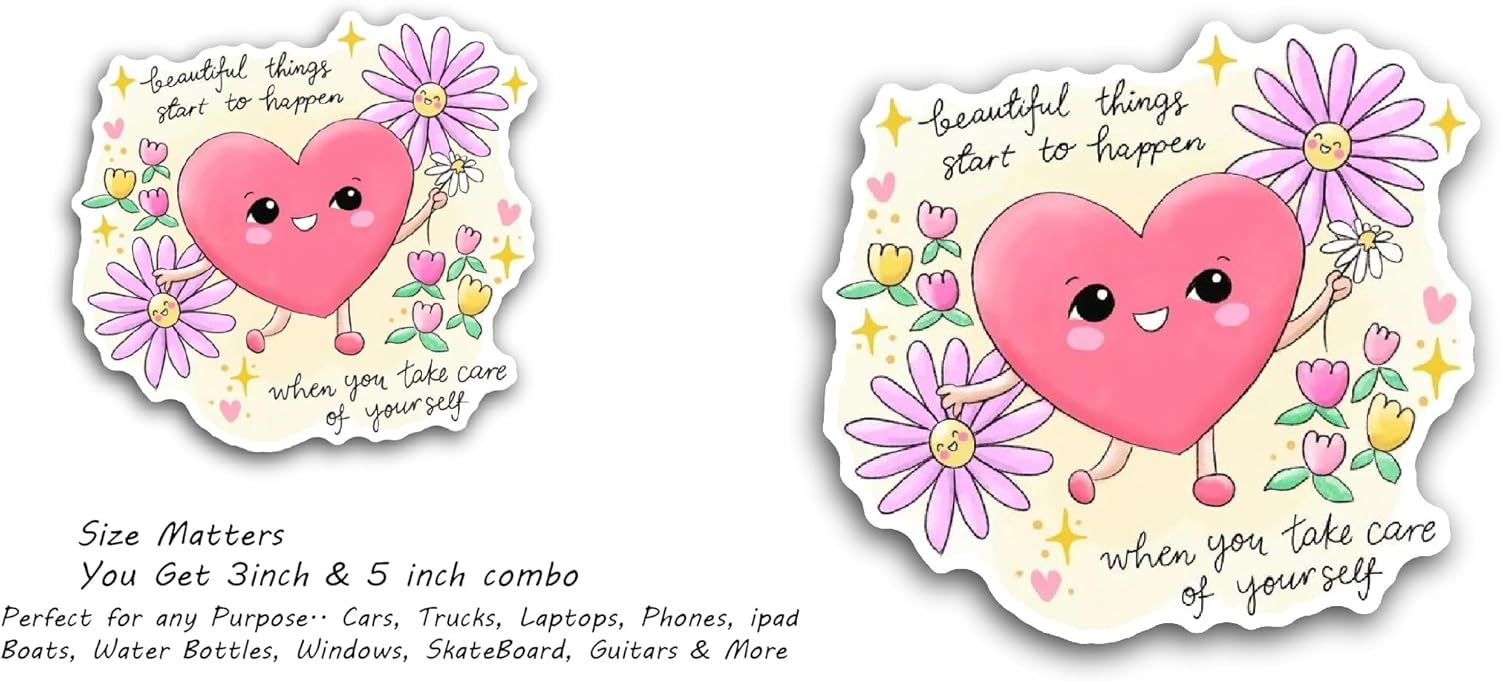 2 (Pieces) 3" and 5" Love Heart Flowers Around Sticker, Waterproof Vinyl Decals for Many Purpose Like Cars, Trucks, Laptops, Phones, Windows and More