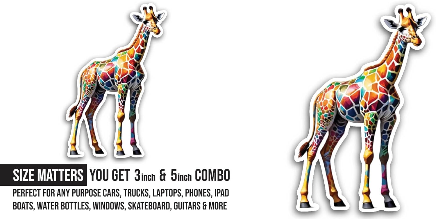 2 (Pieces) 3" and 5" Colorful Giraffe Sticker, Waterproof Vinyl Decals for Many Purpose Like Cars, Trucks, Laptops, Phones, Windows and More
