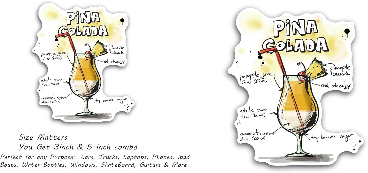 2 (Pieces) 3" and 5" Cocktail - Pina Colada Sticker, Waterproof Vinyl Decals for Many Purpose Like Cars, Trucks, Laptops, Phones, Windows and More