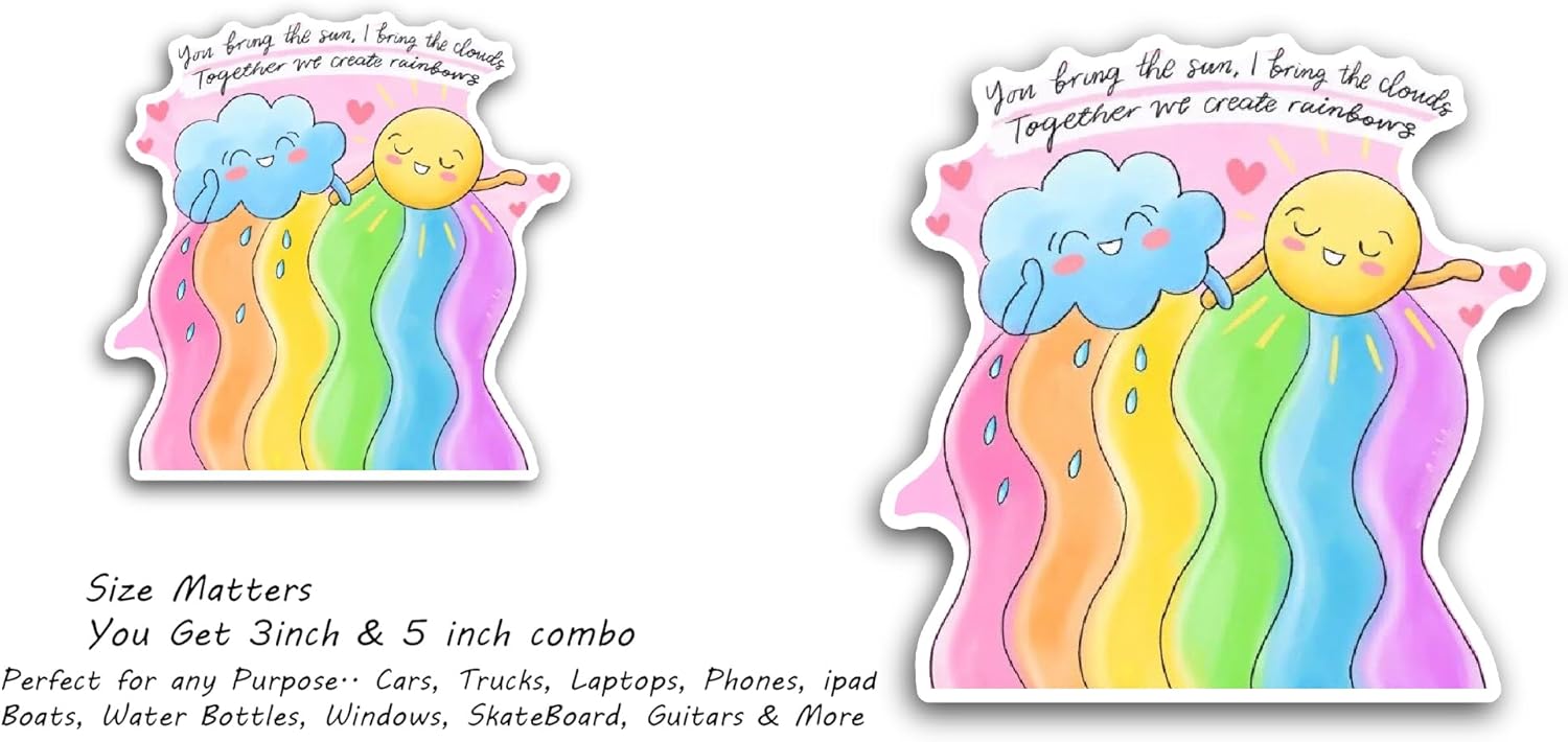 2 (Pieces) 3" and 5" Cloud and Sun with Rainbow Colors Sticker, Waterproof Vinyl Decals for Many Purpose Like Cars, Trucks, Laptops, Phones, Windows and More