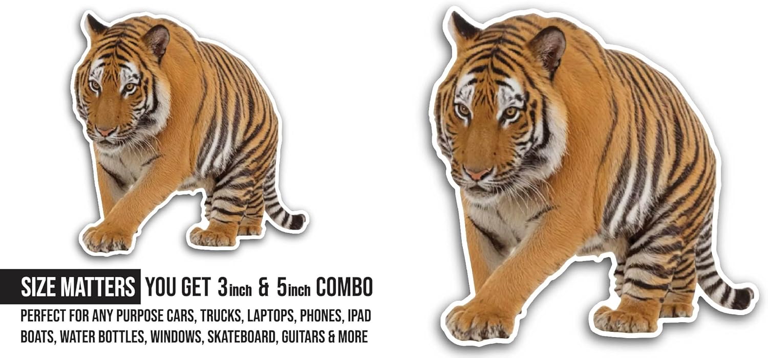 2 (Pieces) 3" and 5" Tiger Closeup Sticker, Waterproof Vinyl Decals for Many Purpose Like Cars, Trucks, Laptops, Phones, Windows and More