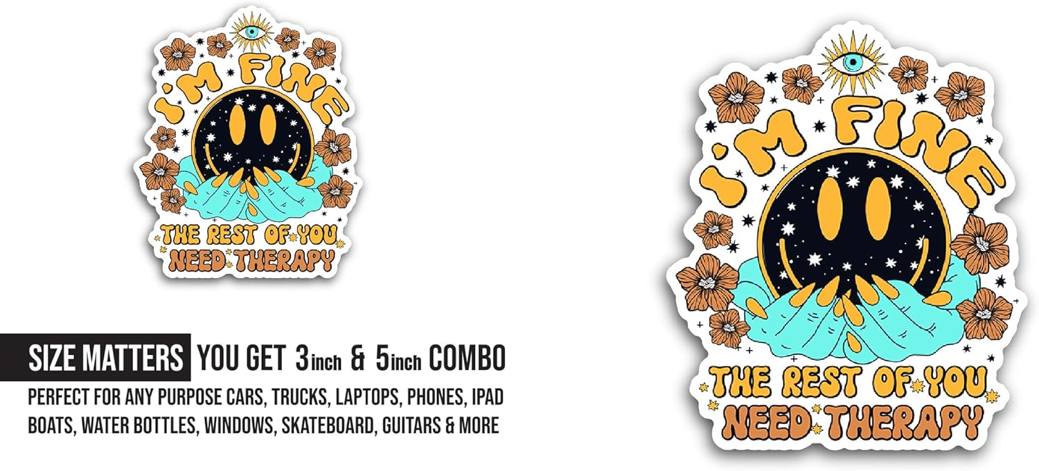 2 (Pieces) 3" and 5" I'm Fine Sticker, Waterproof Vinyl Decals for Many Purpose Like Cars, Trucks, Laptops, Phones, Windows and More