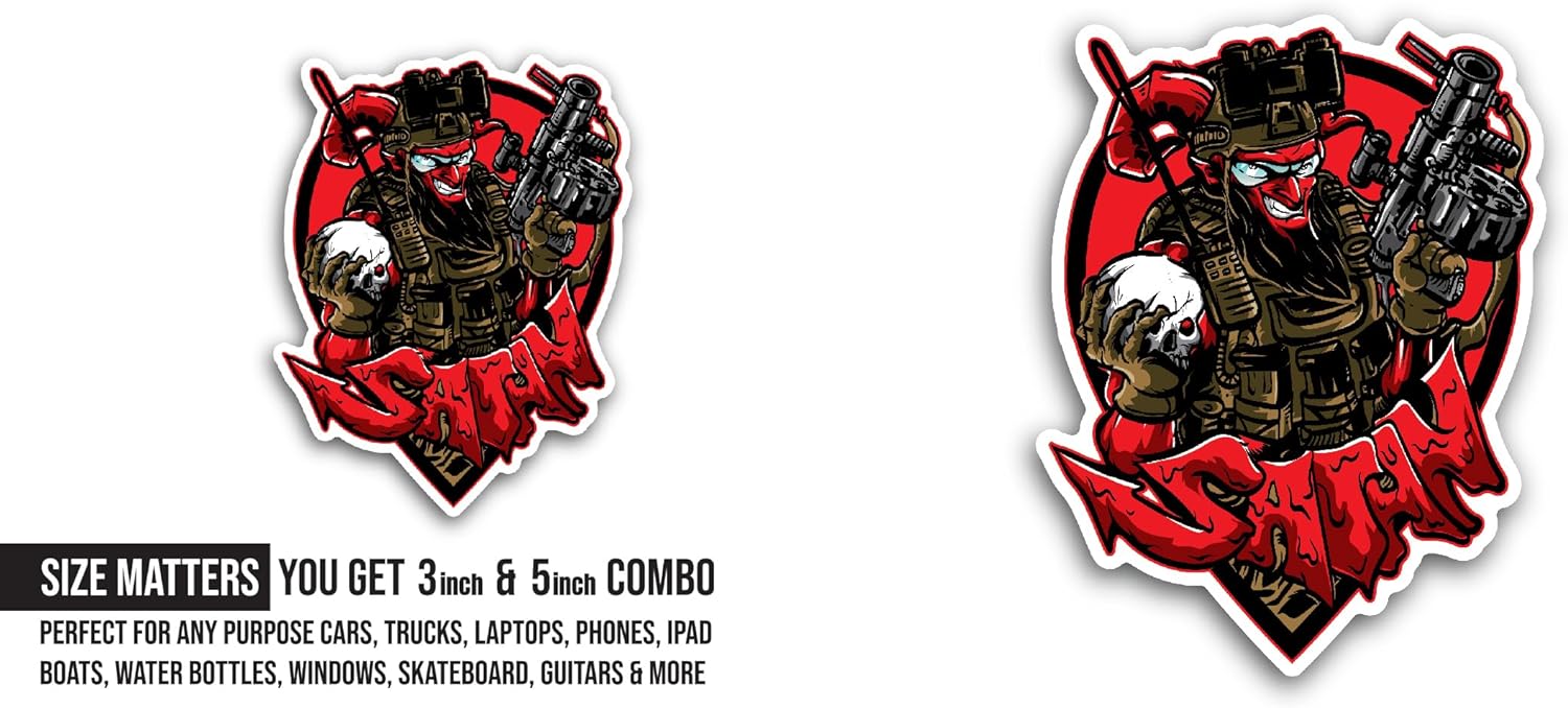 2 (Pieces) 3" and 5" Smiling Satan with Gun and Skull Sticker, Waterproof Vinyl Decals for Many Purpose Like Cars, Trucks, Laptops, Phones, Windows and More