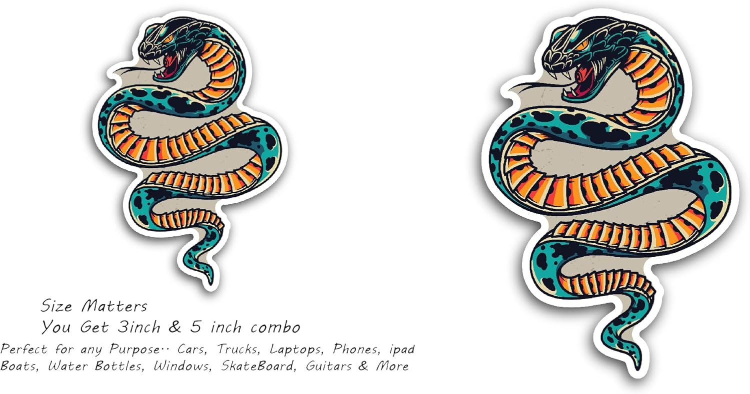 2 (Pieces) 3" and 5" Colorful Snake Sticker, Waterproof Vinyl Decals for Many Purpose Like Cars, Trucks, Laptops, Phones, Windows and More