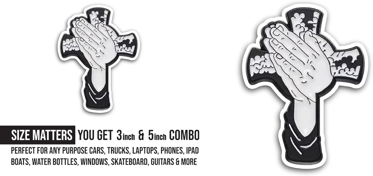 2 (Pieces) 3" and 5" Praying Hands with Cross Sticker, Waterproof Vinyl Decals for Many Purpose Like Cars, Trucks, Laptops, Phones, Windows and More