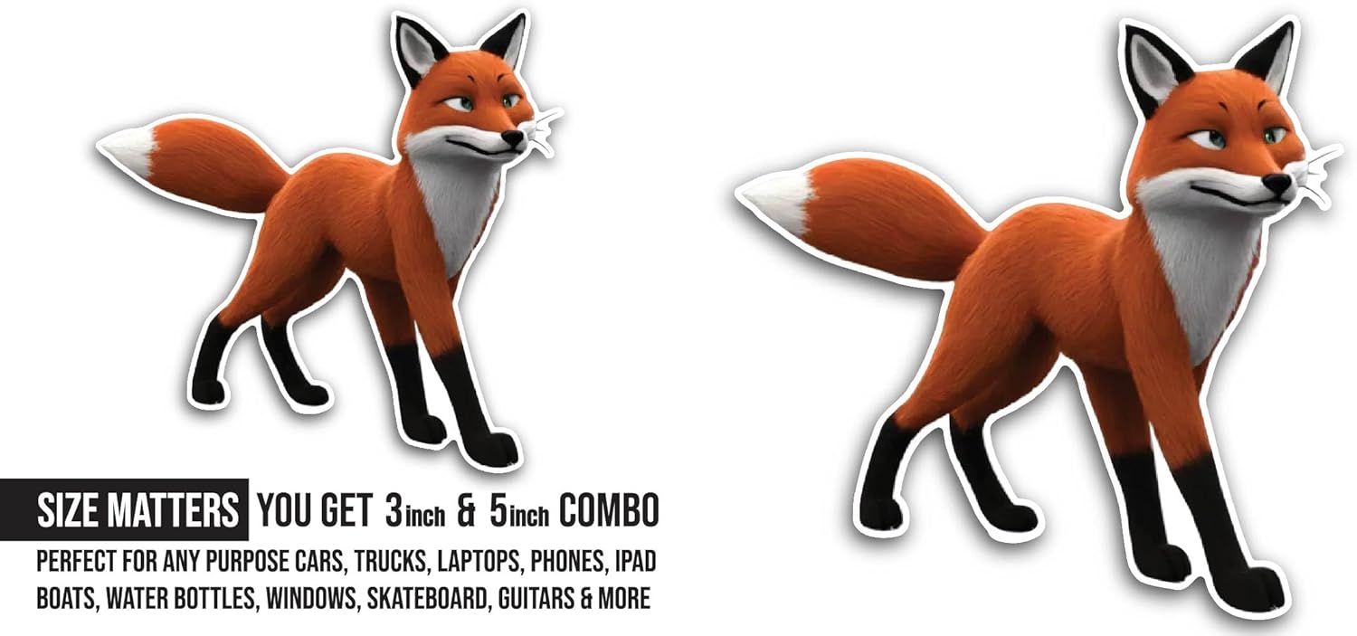 2 (Pieces) 3" and 5" Cartoon Fox Sticker, Waterproof Vinyl Decals for Many Purpose Like Cars, Trucks, Laptops, Phones, Windows and More