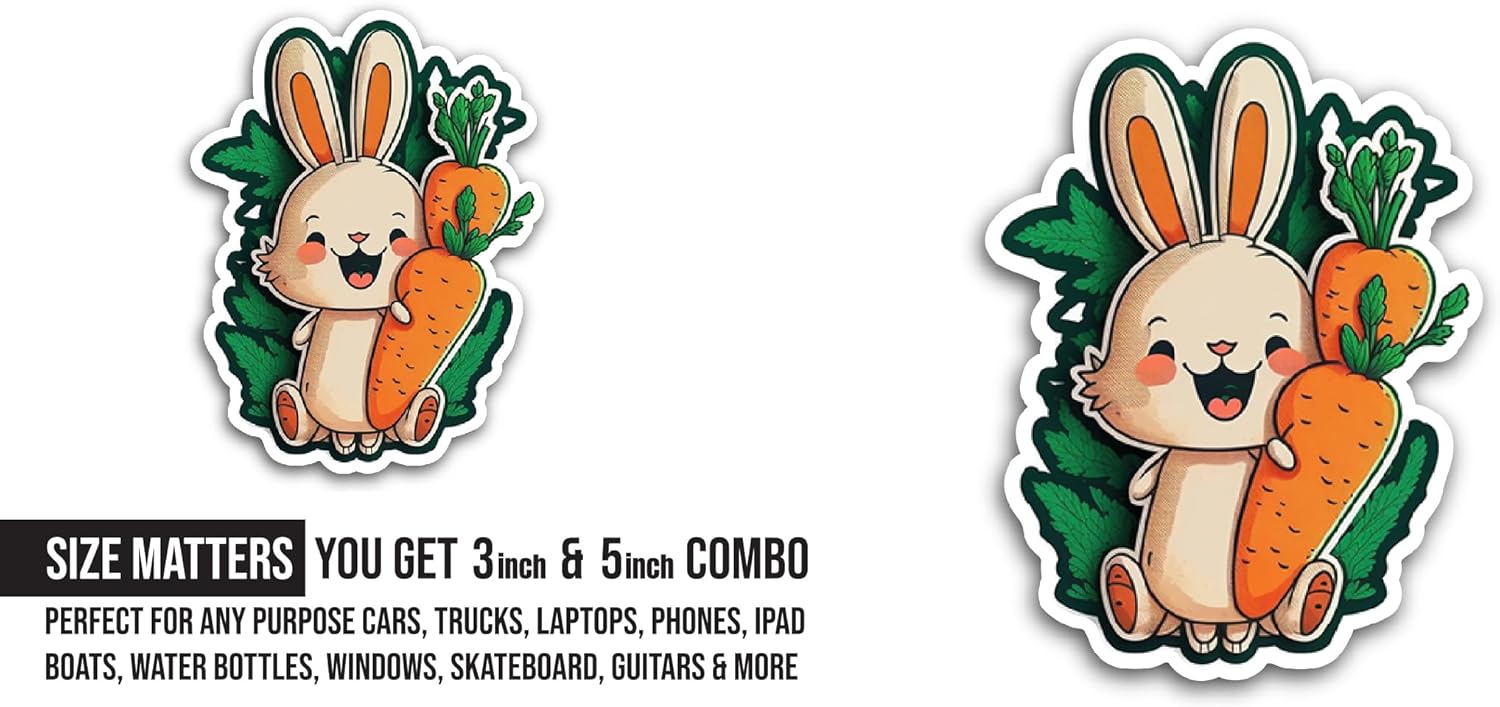 2 (Pieces) 3" and 5" Bunny with Carrot Sticker, Waterproof Vinyl Decals for Many Purpose Like Cars, Trucks, Laptops, Phones, Windows and More