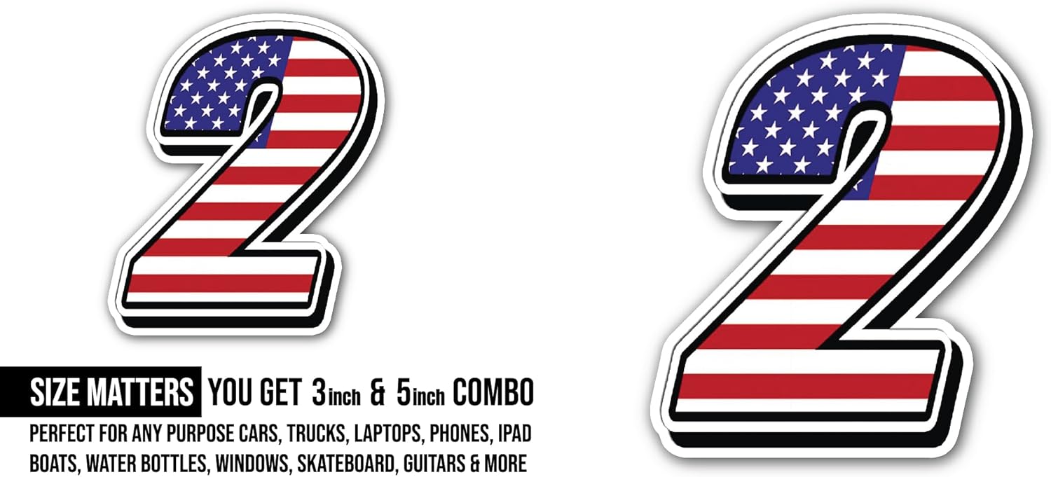 2 (Pieces) 3" and 5" America Flag in Number 2 Sticker, Waterproof Vinyl Decals for Many Purpose Like Cars, Trucks, Laptops, Phones, Windows and More