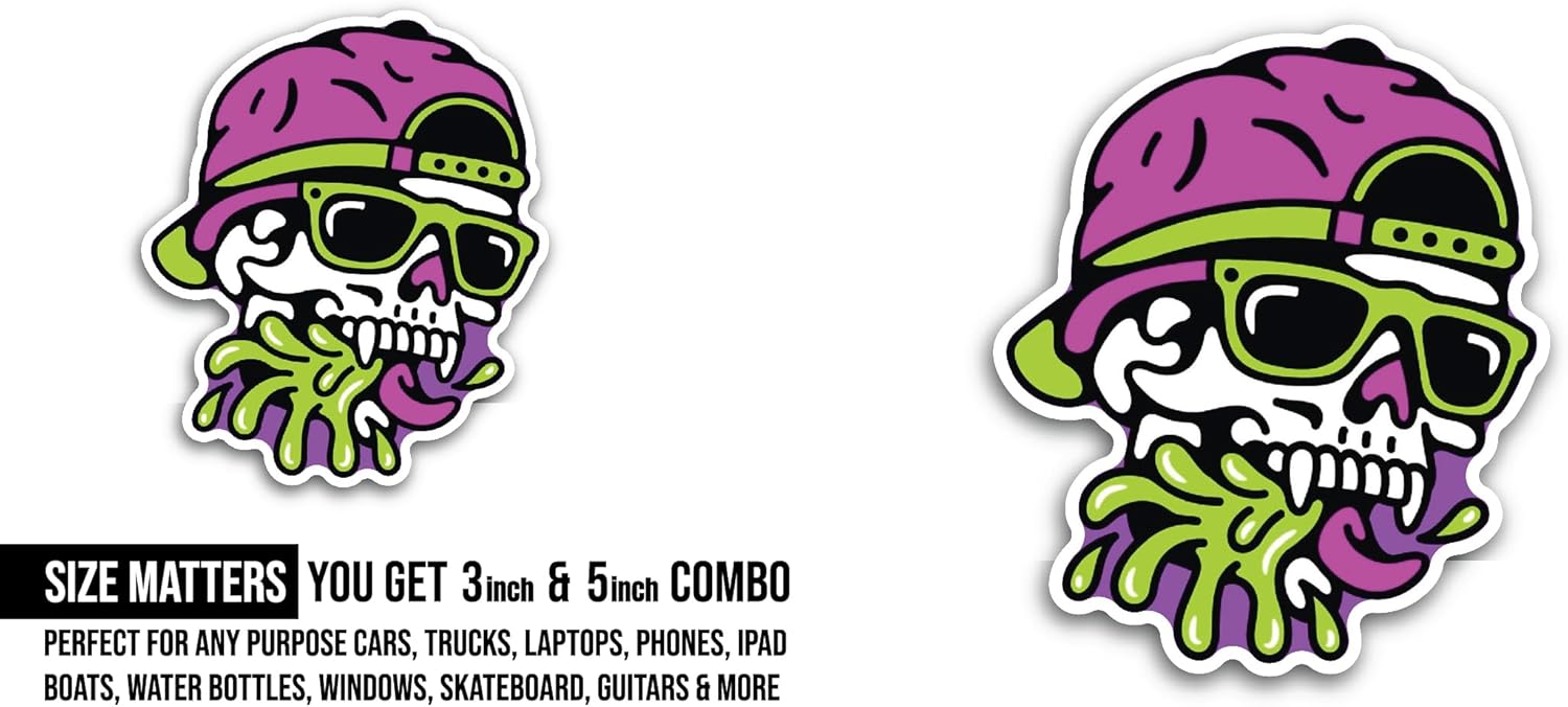 2 (Pieces) 3" and 5" Skull with Cap Sticker, Waterproof Vinyl Decals for Many Purpose Like Cars, Trucks, Laptops, Phones, Windows and More