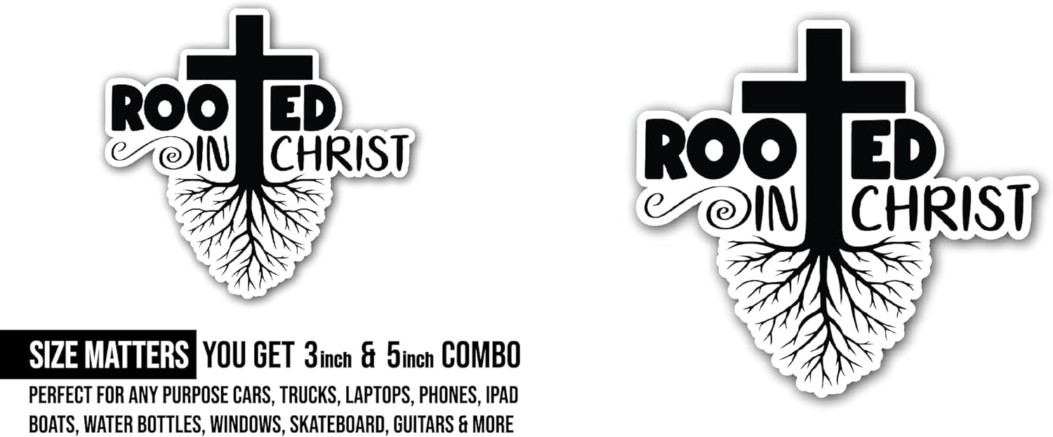2 (Pieces) 3" and 5" Rooted in Christ Black Text Sticker, Waterproof Vinyl Decals for Many Purpose Like Cars, Trucks, Laptops, Phones, Windows and More