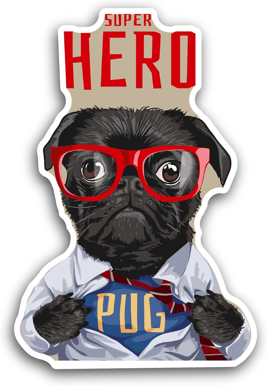 2 (Pieces) 3" and 5" Super Hero Pug Dog Sticker, Waterproof Vinyl Decals for Many Purpose Like Cars, Trucks, Laptops, Phones, Windows and More