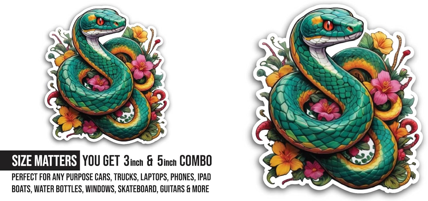 2 (Pieces) 3" and 5" Cartoon Snake with Flowers Sticker, Waterproof Vinyl Decals for Many Purpose Like Cars, Trucks, Laptops, Phones, Windows and More